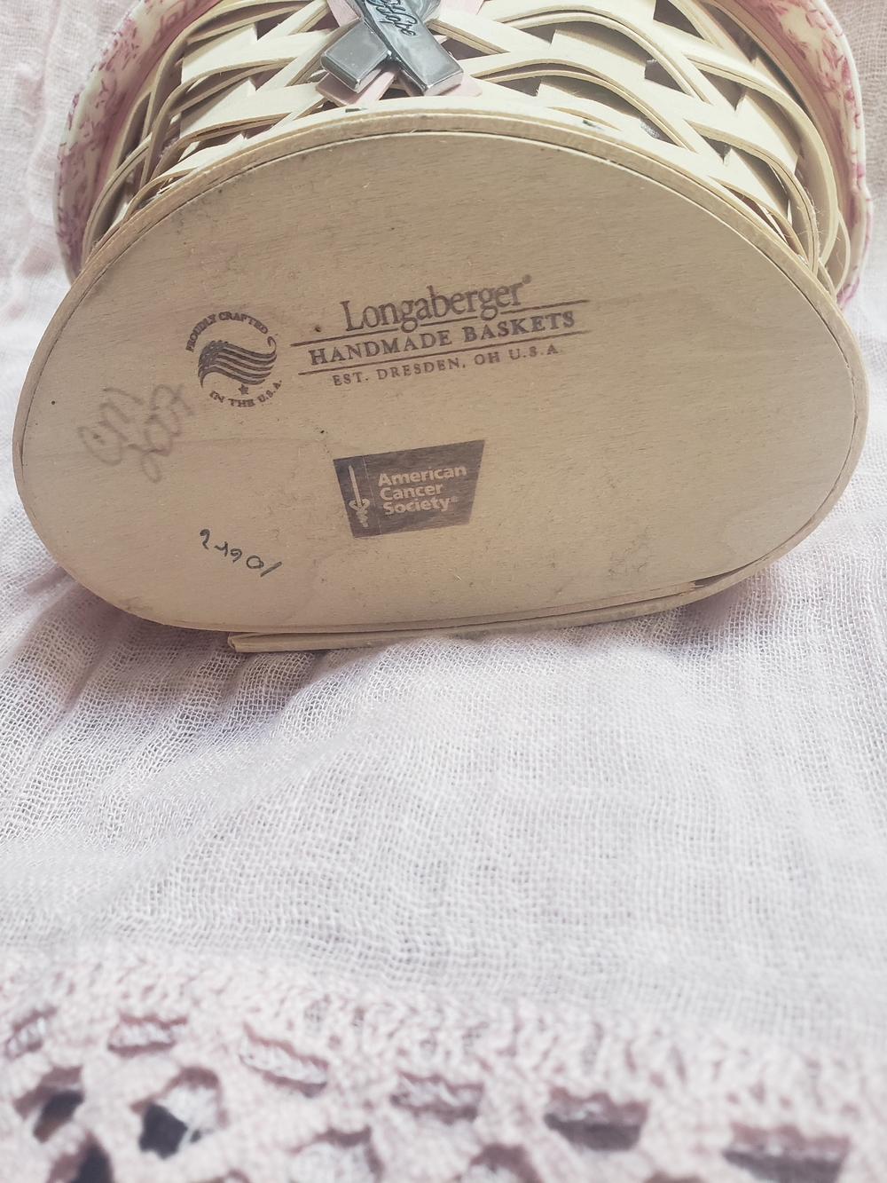 Longaberger 2007 Cream and Pink Ribbon Accent Handwoven HOPE Basket - Picture 6 of 8